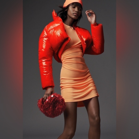 NWT Zara Drape Ruched Long Sleeve Mini Dress in Neon Orange Sz XS - Picture 1 of 12